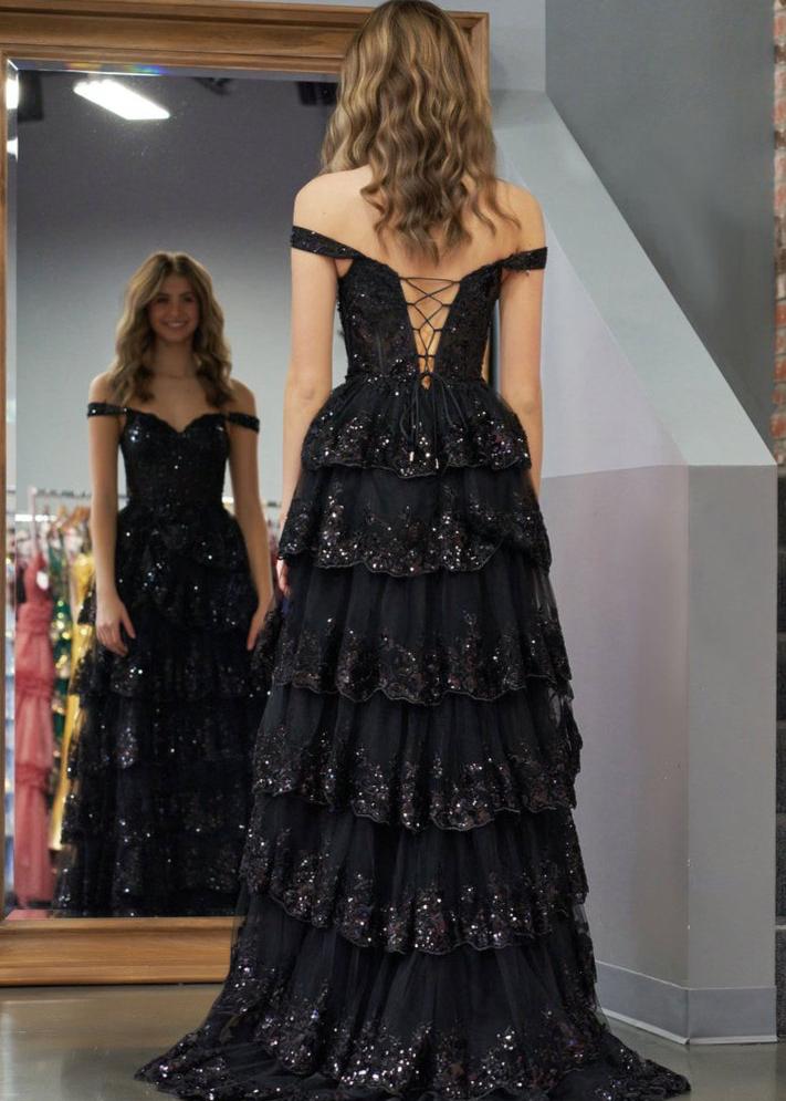 A-Line Lace Off-the-Shoulder Tiered Long Prom Dress with Slit - Curvevia