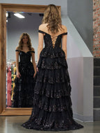 Black Princess A Line Off the Shoulder Corset Evening Dress with Lace Ruffles - Curvevia