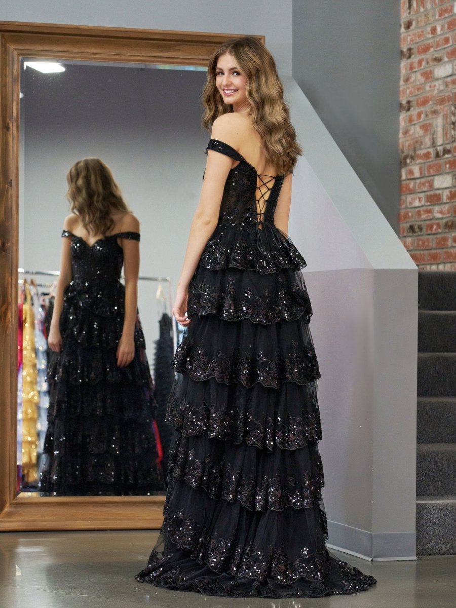 Black Princess A Line Off the Shoulder Corset Evening Dress with Lace Ruffles - Curvevia