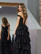 Black Princess A Line Off the Shoulder Corset Evening Dress with Lace Ruffles - Curvevia