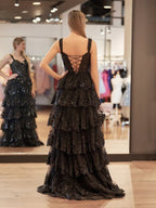 Black Princess A Line Off the Shoulder Corset Evening Dress with Lace Ruffles - Curvevia