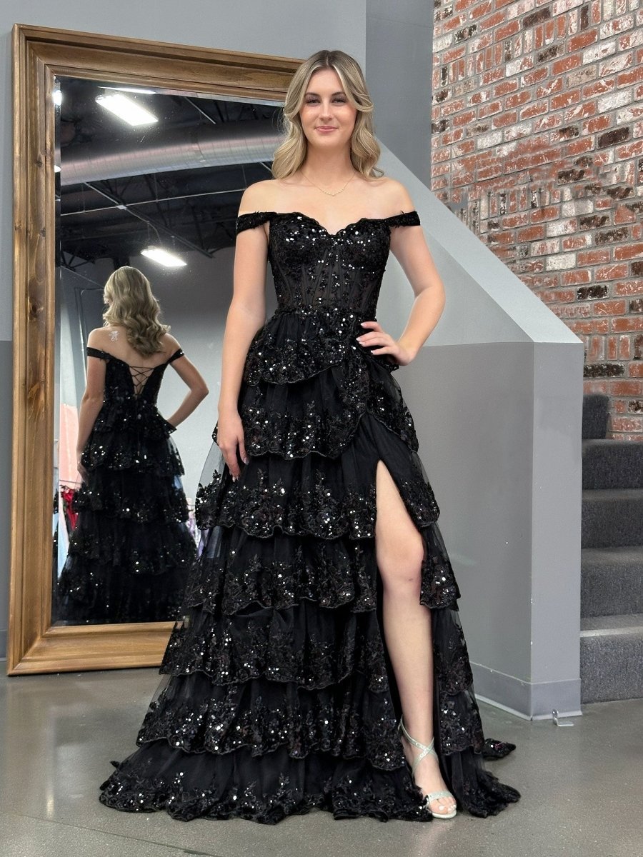 Black Princess A Line Off the Shoulder Corset Evening Dress with Lace Ruffles - Curvevia