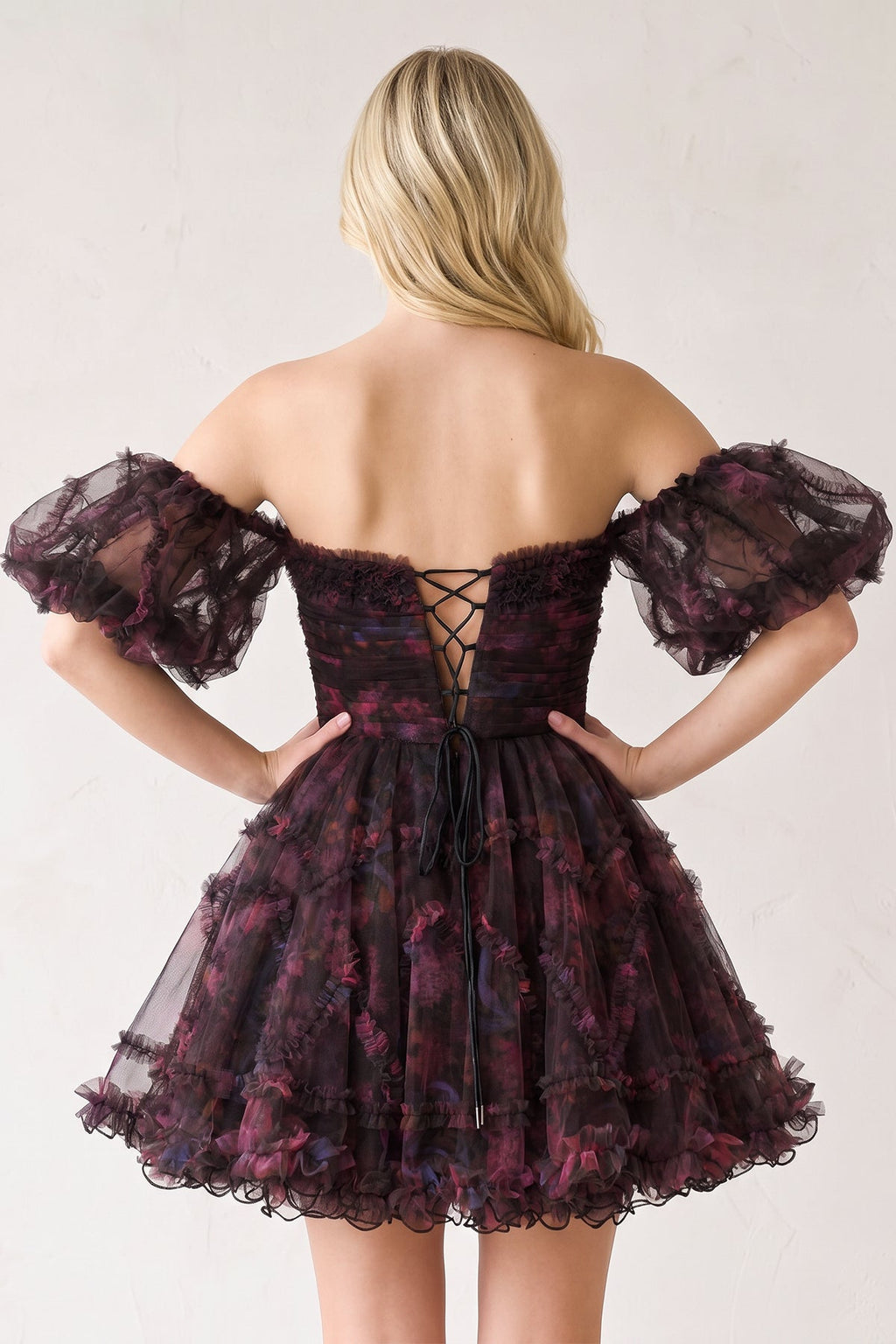 Blue Puff Sleeves Ruffles A-line Prints Wedding Guest Dress - Curvevia