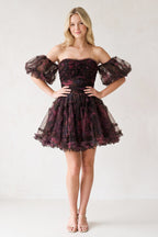 Blue Puff Sleeves Ruffles A-line Prints Wedding Guest Dress - Curvevia