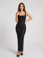 Black Rhinestone Mesh Sheath Square Neck Backless Floor-Length Dress - Curvevia