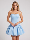 Sky Blue Satin A-Line Straight Neck Corset Back Short Dress with Bubble Skirt - Curvevia