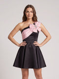 Black Satin A-Line One Shoulder Back Zip Short Dress with Pleated Skirt - Curvevia