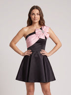 Black Satin A-Line One Shoulder Back Zip Short Dress with Pleated Skirt - Curvevia