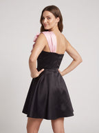 Black Satin A-Line One Shoulder Back Zip Short Dress with Pleated Skirt - Curvevia