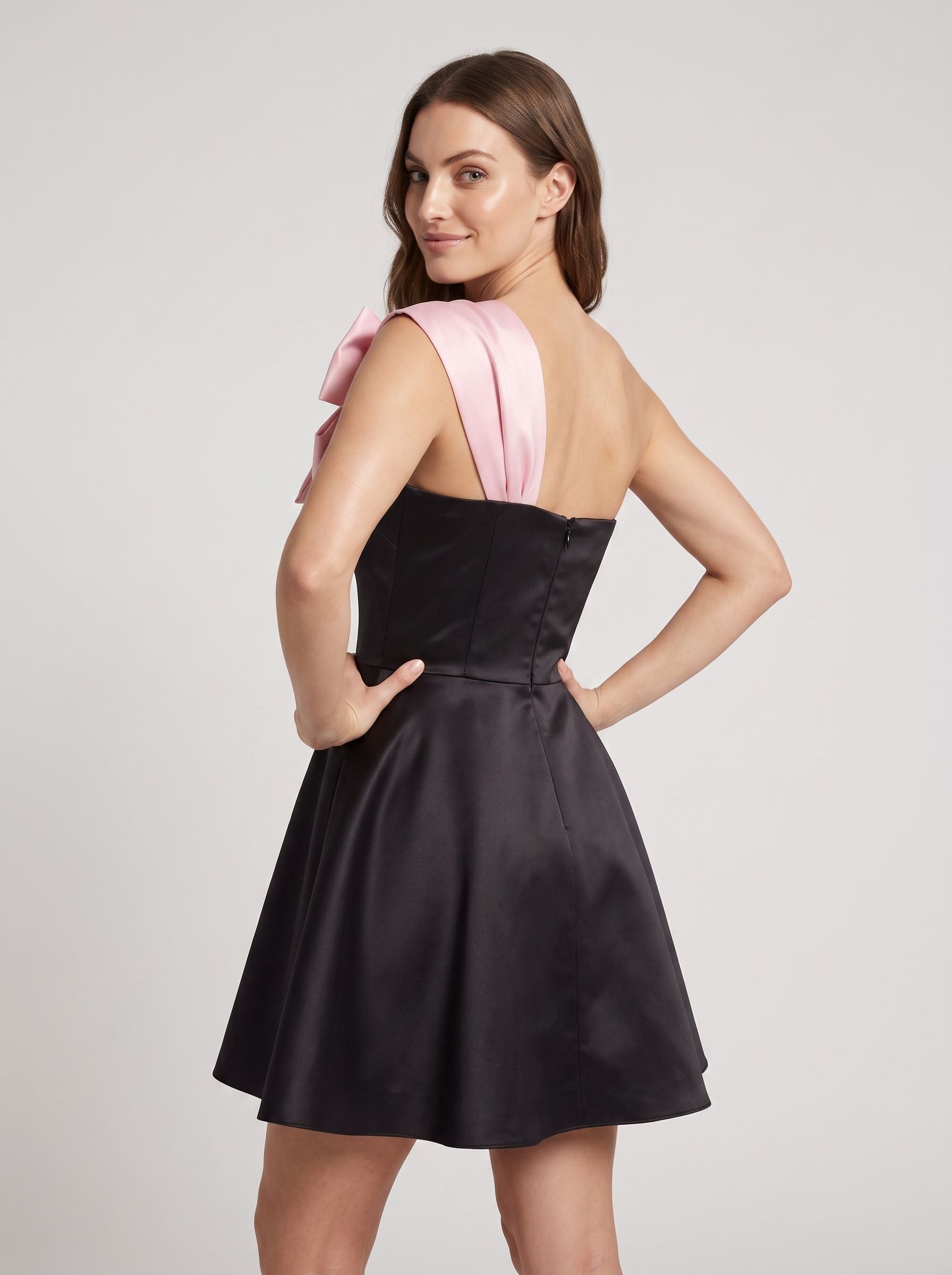 Black Satin A-Line One Shoulder Back Zip Short Dress with Pleated Skirt - Curvevia