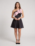 Black Satin A-Line One Shoulder Back Zip Short Dress with Pleated Skirt - Curvevia