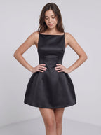 Black Satin A-Line Scoop Neck Back Zip Short Dress with Bubble Hem - Curvevia