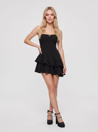 Black Satin A-Line Straight Neck Back Zip Short Dress with Ruffled Hem - Curvevia