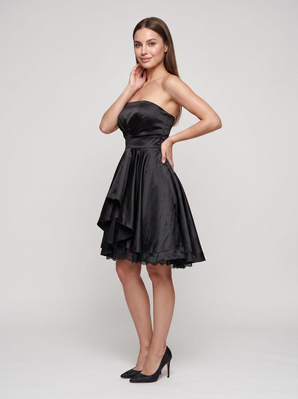 Black Satin A-Line Straight Neck Back Zip Short Dress with Pleating - Curvevia