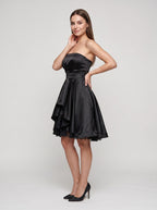 Black Satin A-Line Straight Neck Back Zip Short Dress with Pleating - Curvevia