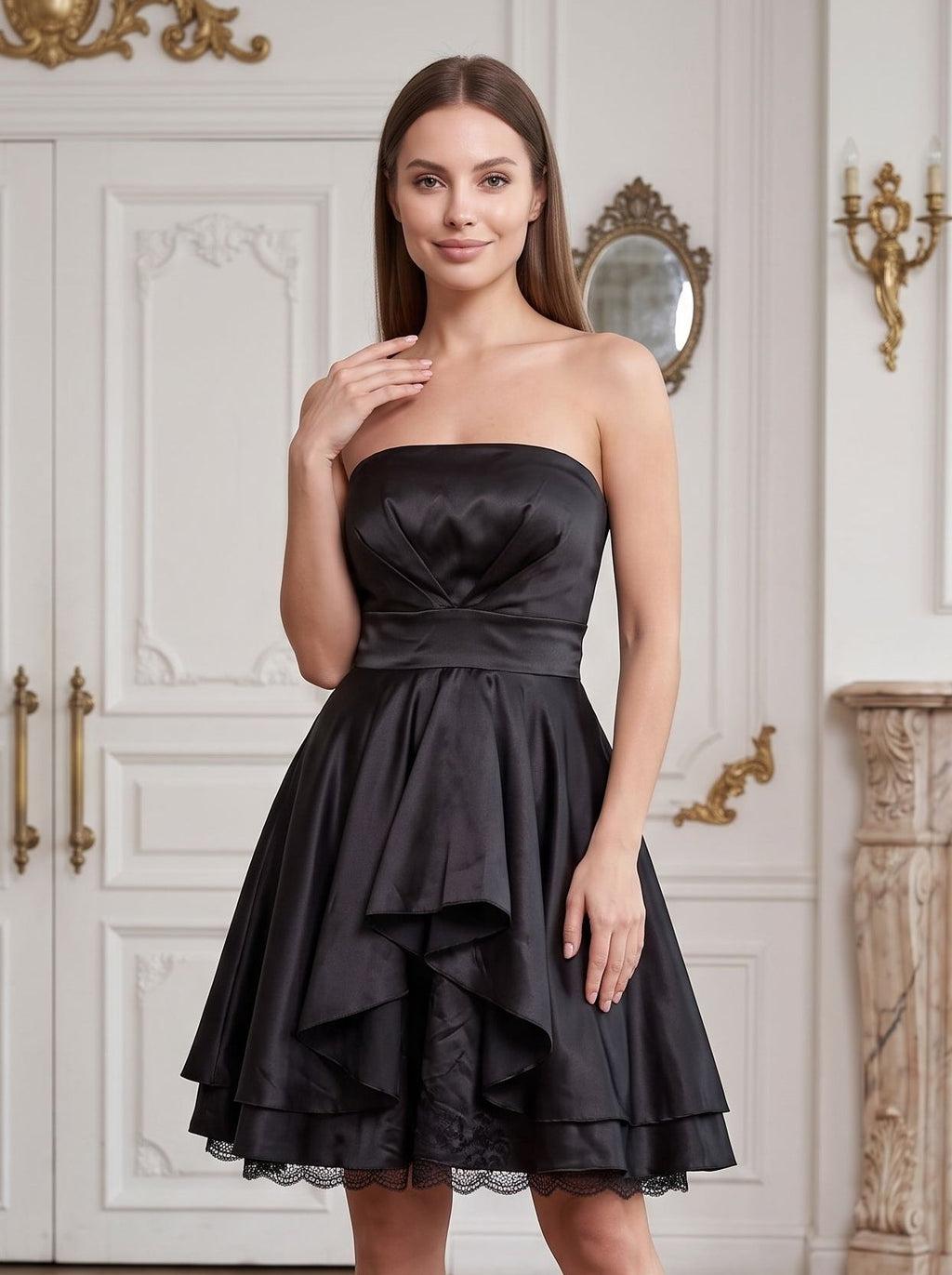 Black Satin A-Line Straight Neck Back Zip Short Dress with Pleating - Curvevia
