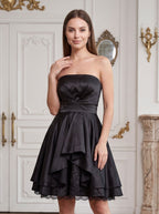 Black Satin A-Line Straight Neck Back Zip Short Dress with Pleating - Curvevia