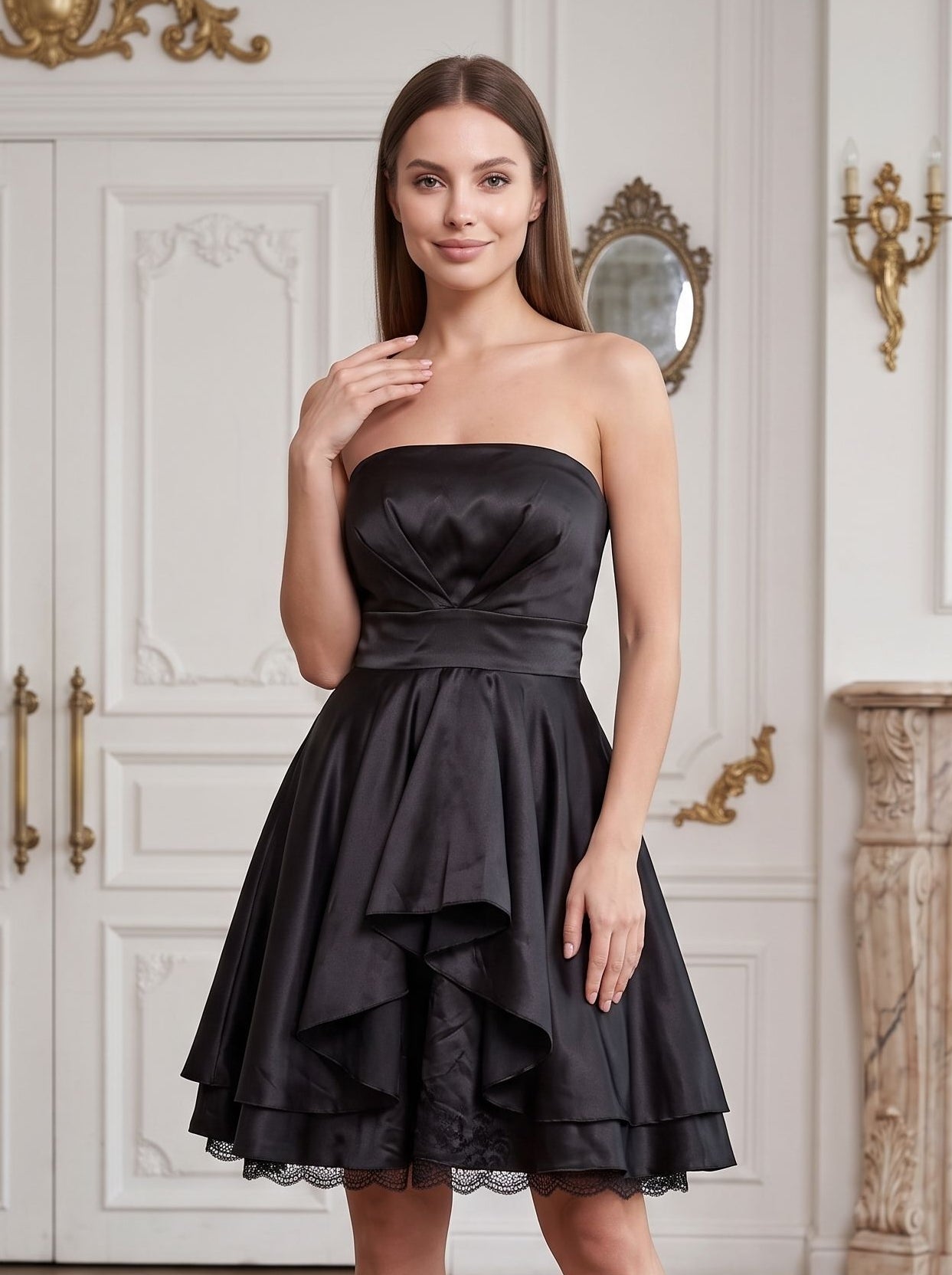 Black Satin A-Line Straight Neck Back Zip Short Dress with Pleating - Curvevia