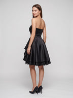 Black Satin A-Line Straight Neck Back Zip Short Dress with Pleating - Curvevia
