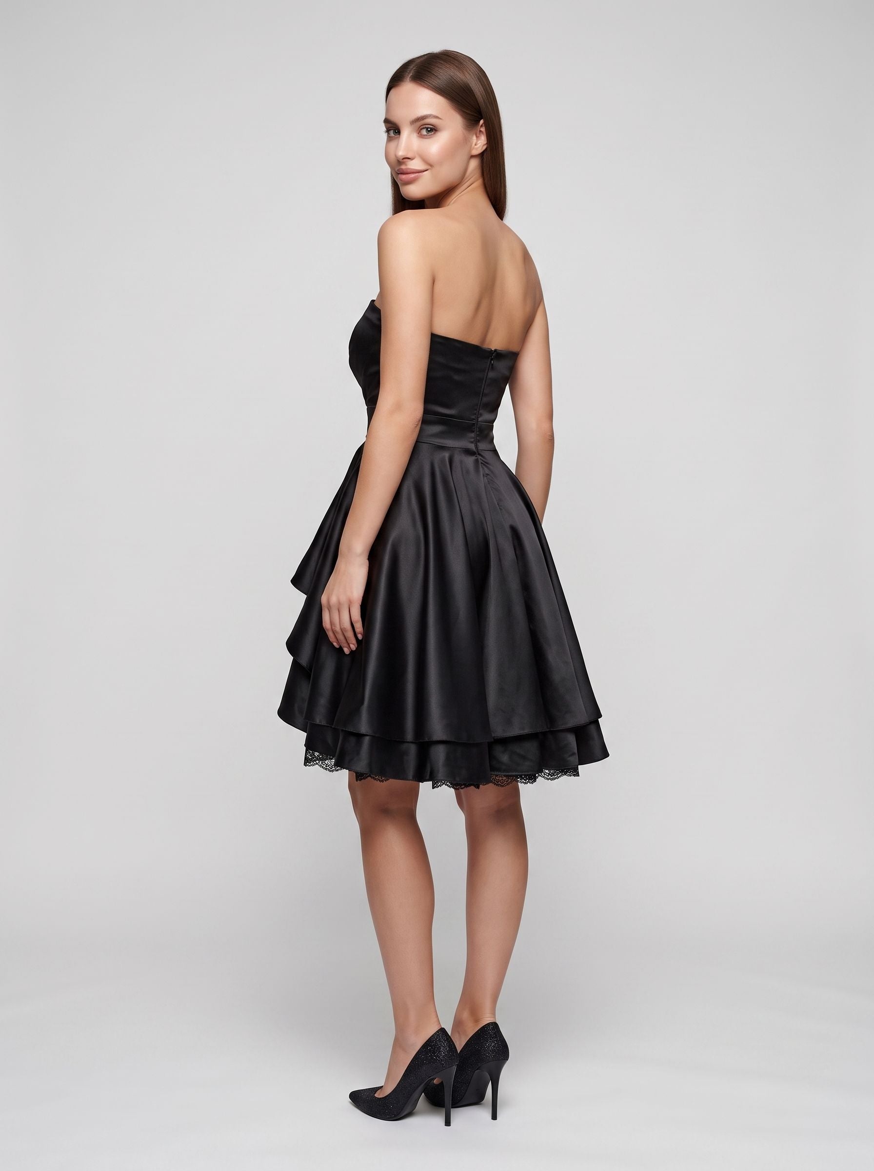 Black Satin A-Line Straight Neck Back Zip Short Dress with Pleating - Curvevia