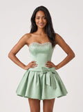 Mint Green Satin A-Line Straight Neck Back Zip Short Dress with a Waist Bow - Curvevia