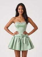 Mint Green Satin A-Line Straight Neck Back Zip Short Dress with a Waist Bow - Curvevia