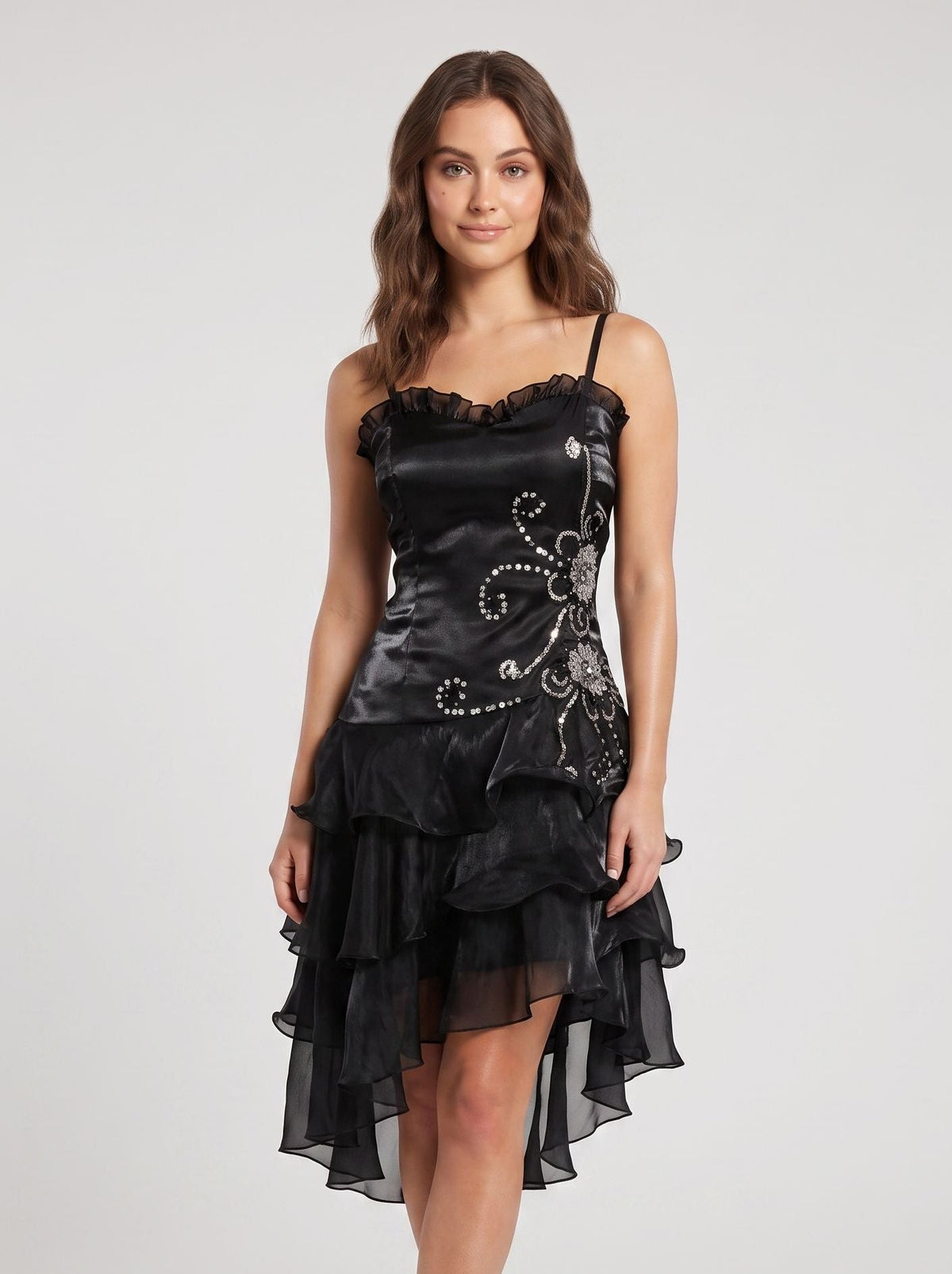 Black Satin A-Line Sweetheart Backless Short Dress with Cascading Ruffles - Curvevia