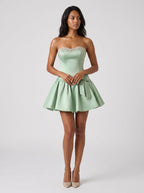 Mint Green Satin A-Line Straight Neck Back Zip Short Dress with a Waist Bow - Curvevia
