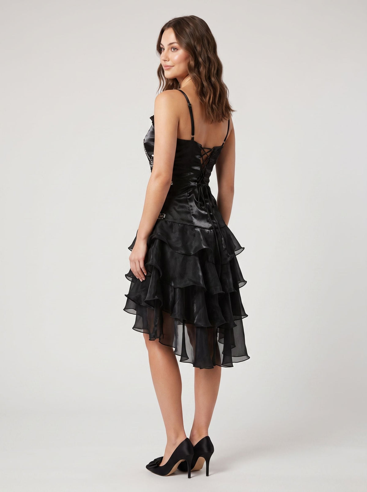 Black Satin A-Line Sweetheart Backless Short Dress with Cascading Ruffles - Curvevia