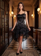 Black Satin A-Line Sweetheart Backless Short Dress with Cascading Ruffles - Curvevia