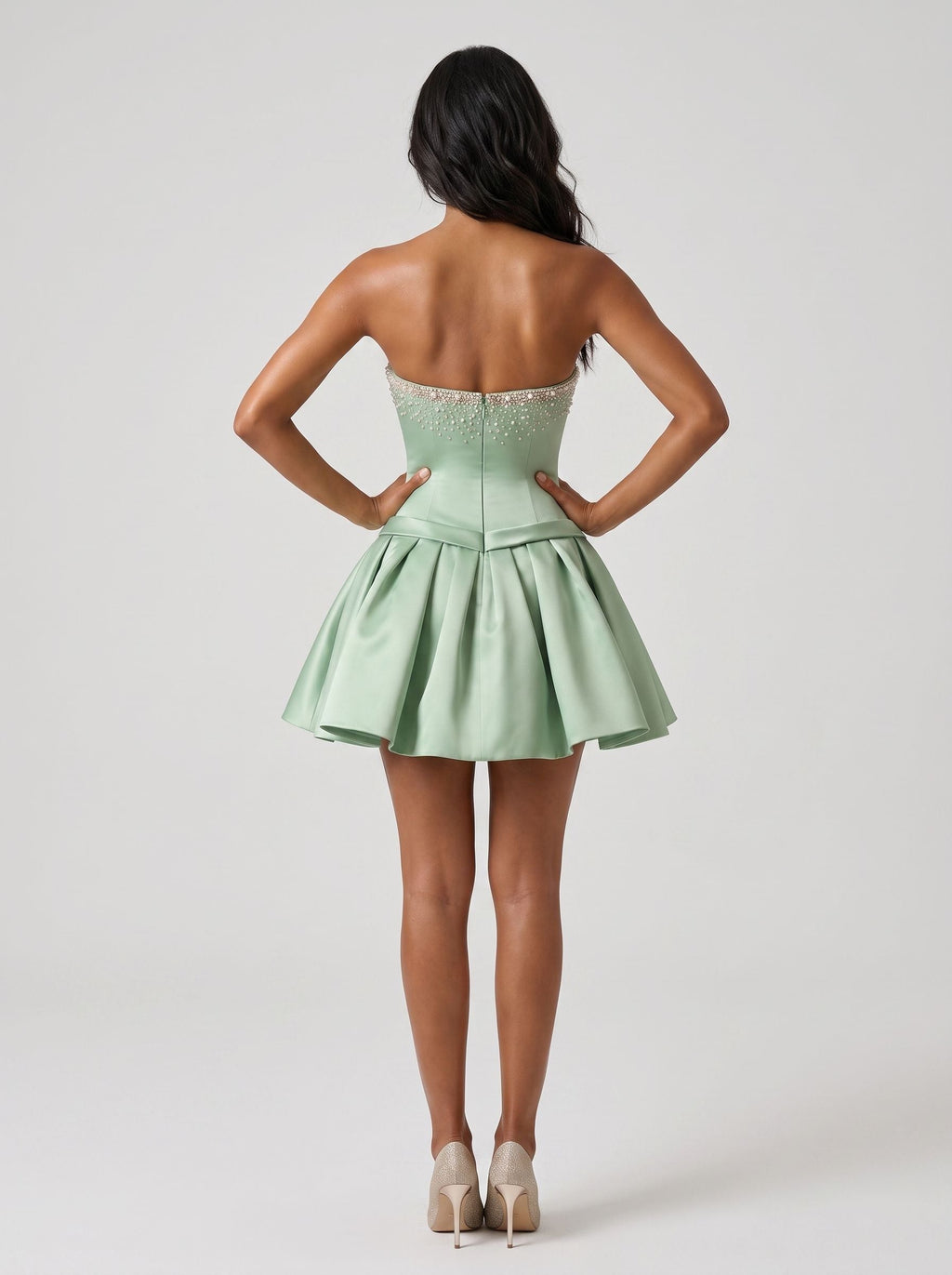 Mint Green Satin A-Line Straight Neck Back Zip Short Dress with a Waist Bow - Curvevia