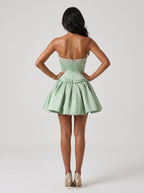 Mint Green Satin A-Line Straight Neck Back Zip Short Dress with a Waist Bow - Curvevia