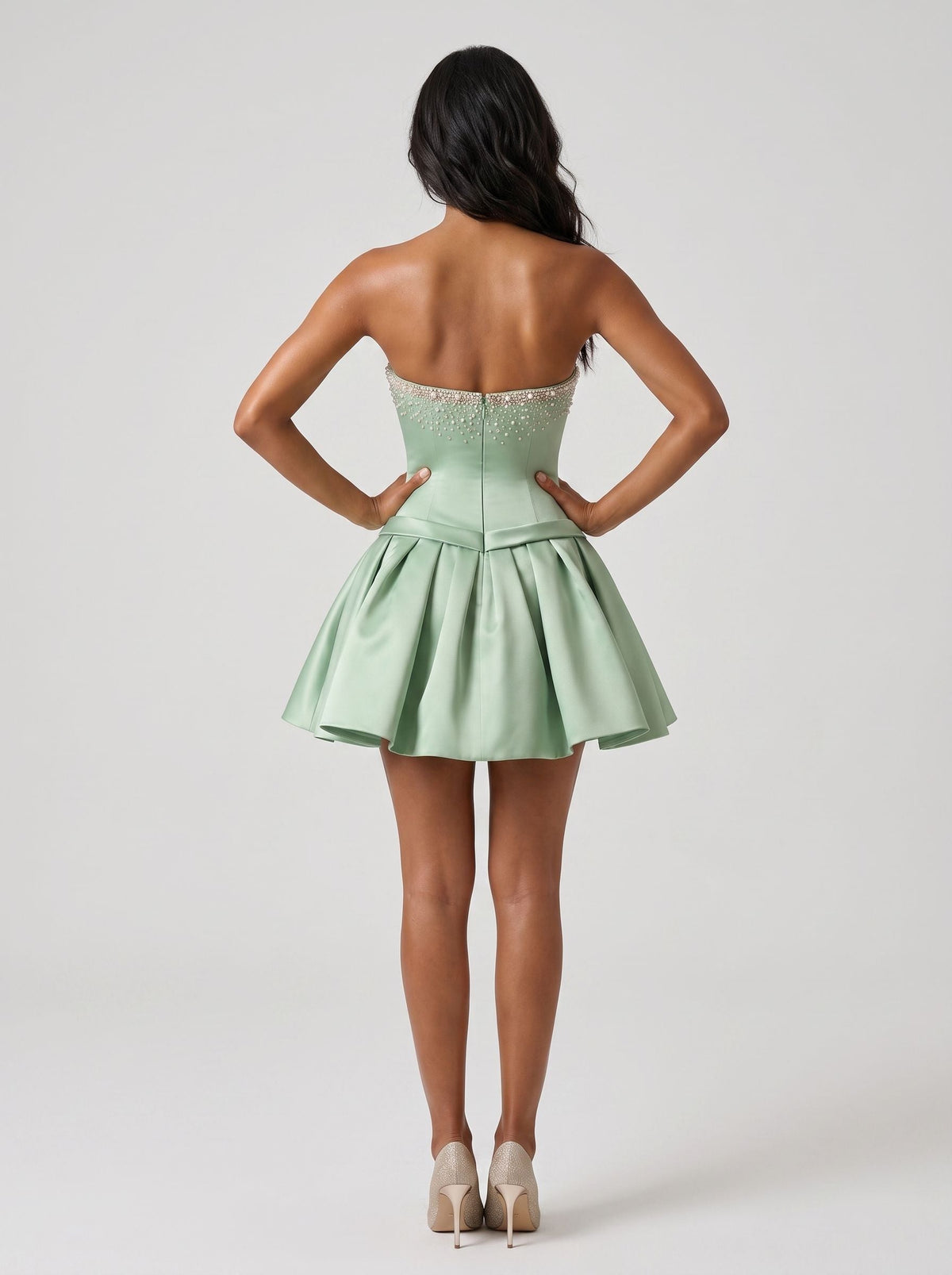 Mint Green Satin A-Line Straight Neck Back Zip Short Dress with a Waist Bow - Curvevia
