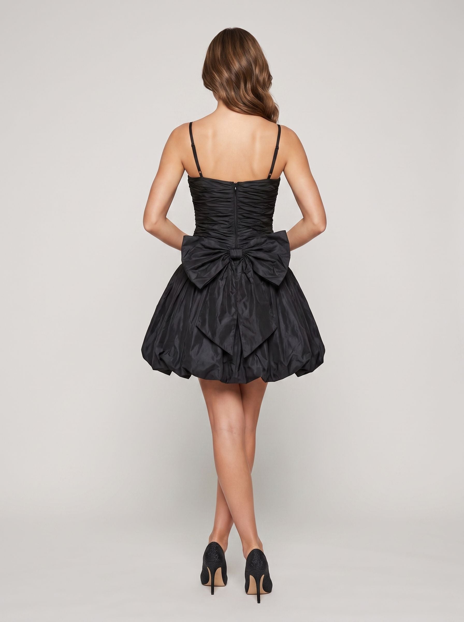 Black Matte Satin A-Line V-Neck Back Zip Short Dress with Pleating - Curvevia