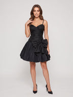 Black Matte Satin A-Line V-Neck Back Zip Short Dress with Pleating - Curvevia