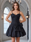 Black Matte Satin A-Line V-Neck Back Zip Short Dress with Pleating - Curvevia