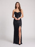 Black Sequins Mermaid Sweetheart Back Zip Floor-Length Dress with Thigh-High Slit - Curvevia