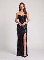 Black Sequins Mermaid Sweetheart Back Zip Floor-Length Dress with Thigh-High Slit - Curvevia