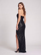 Black Sequins Mermaid Sweetheart Back Zip Floor-Length Dress with Thigh-High Slit - Curvevia