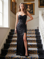 Black Sequins Mermaid Sweetheart Back Zip Floor-Length Dress with Thigh-High Slit - Curvevia