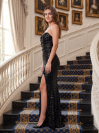 Black Sequins Mermaid Sweetheart Back Zip Floor-Length Dress with Thigh-High Slit - Curvevia