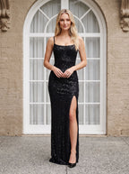 Black Tulle Sheath Scoop Neck Back Zip Floor-Length Dress with Side Slit - Curvevia