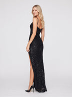 Black Tulle Sheath Scoop Neck Back Zip Floor-Length Dress with Side Slit - Curvevia