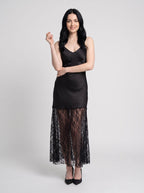 Black Satin A-Line V-Neck Backless Floor-Length Dress with contrast lace trim - Curvevia