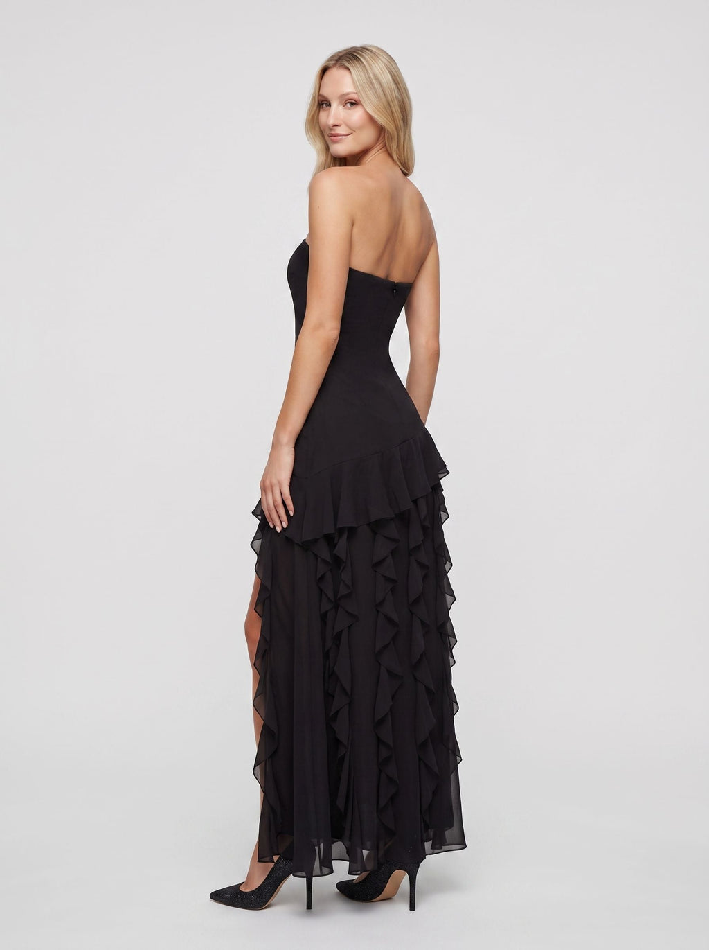 Black Chiffon Mermaid Straight Neck Back Zip Floor-Length Dress with Cascading Ruffles - Curvevia