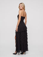Black Chiffon Mermaid Straight Neck Back Zip Floor-Length Dress with Cascading Ruffles - Curvevia