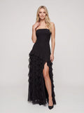 Black Chiffon Mermaid Straight Neck Back Zip Floor-Length Dress with Cascading Ruffles - Curvevia