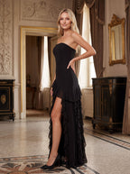 Black Chiffon Mermaid Straight Neck Back Zip Floor-Length Dress with Cascading Ruffles - Curvevia