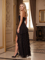 Black Chiffon Mermaid Straight Neck Back Zip Floor-Length Dress with Cascading Ruffles - Curvevia