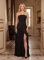 Black Chiffon Mermaid Straight Neck Back Zip Floor-Length Dress with Cascading Ruffles - Curvevia